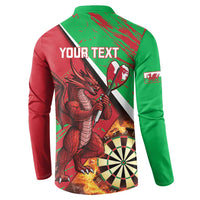 Back of red and green button sweatshirt with YOUR TEXT and Welsh dragon dartboard flames