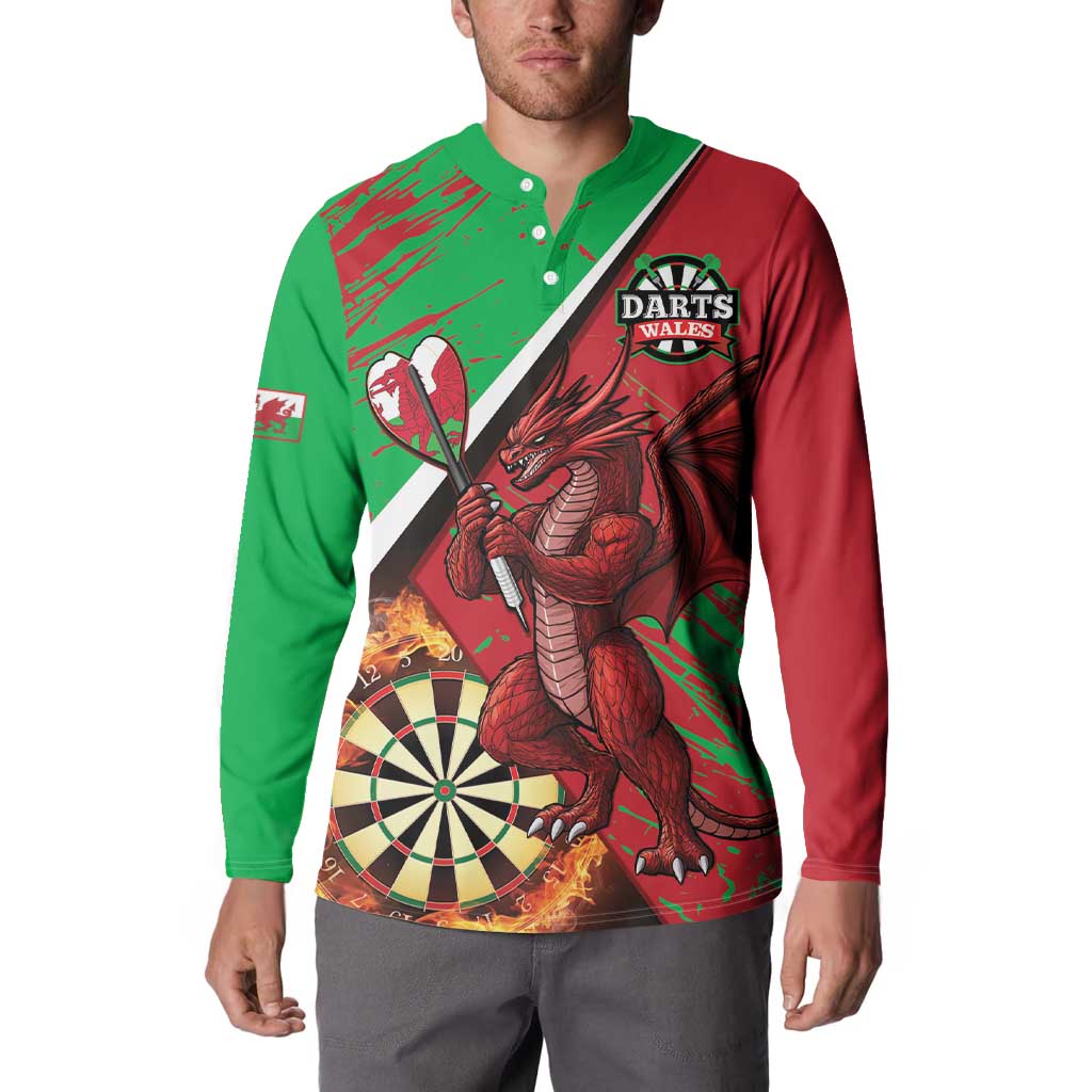 Red and green button sweatshirt, Welsh dragon graphic with DARTS WALES logo and dartboard