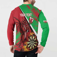 Red and green button sweatshirt back with YOUR TEXT, Welsh dragon, dartboard and flames