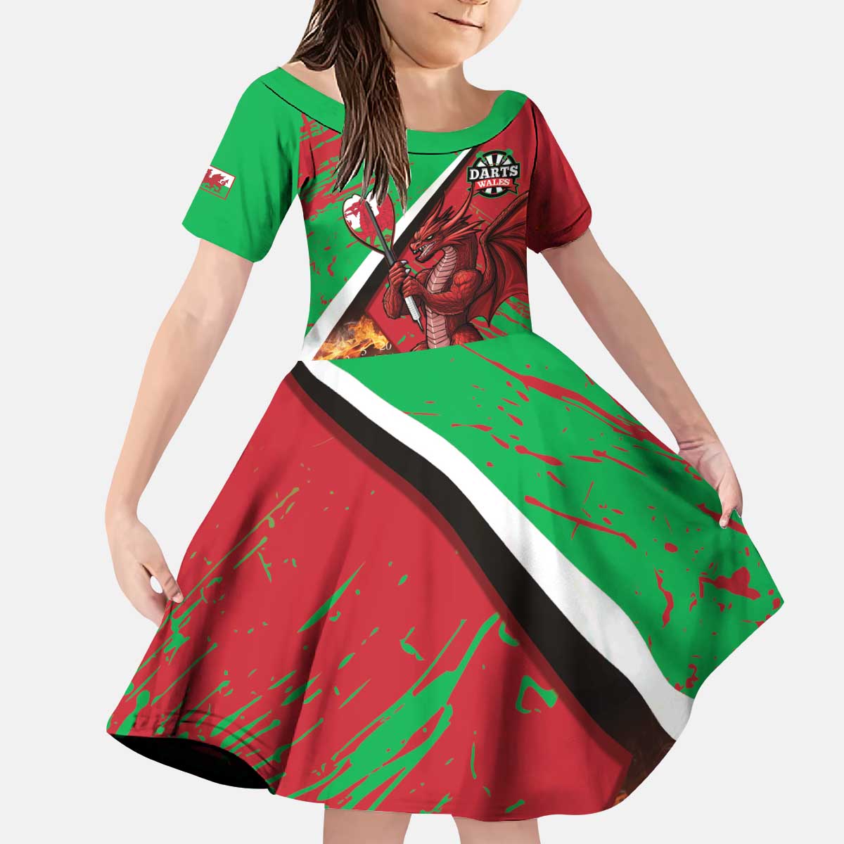 Personalised Wales Darts Kid Short Sleeve Dress Welsh Dragon - Grunge Style - Wonder Print Shop