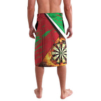 Personalized Wales darts lavalava skirt in red and green, dartboard and Wales-style diagonal panel.