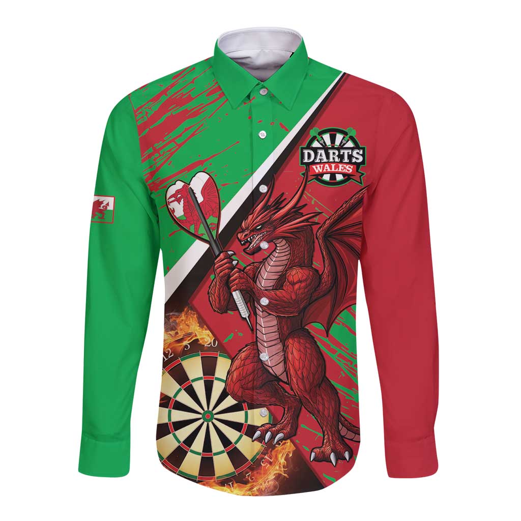 Personalized long-sleeve button shirt in red and green with dragon darts and dartboard graphic