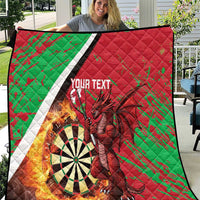 Red and green Wales darts quilt with Welsh dragon, dartboard, flames, white stripe, 'YOUR TEXT'