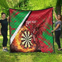 Red and green Wales darts quilt with Welsh dragon, dartboard, flames, white stripe, 'YOUR TEXT'