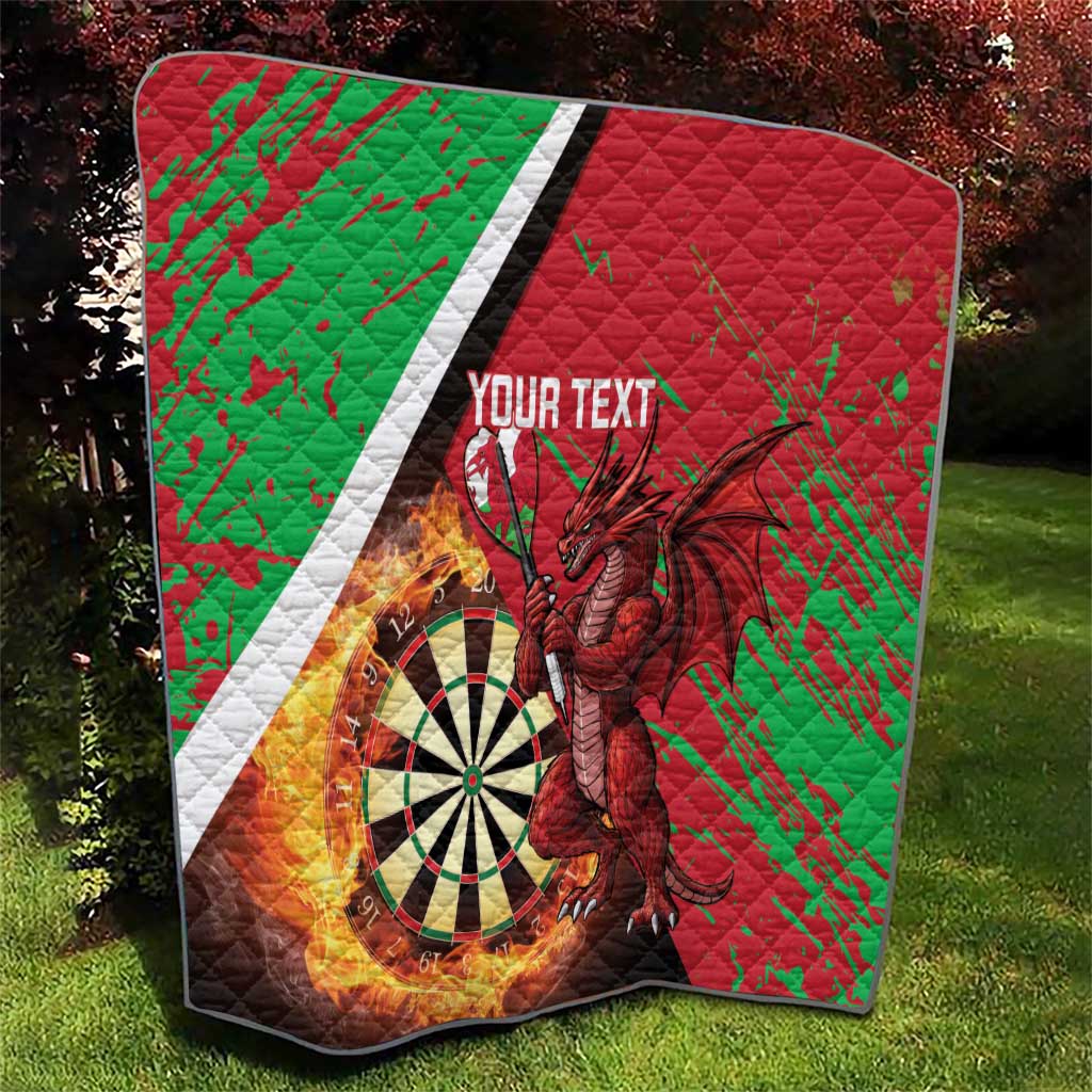 Red and green Wales darts quilt with Welsh dragon, dartboard, flames, white stripe, 'YOUR TEXT' quilted