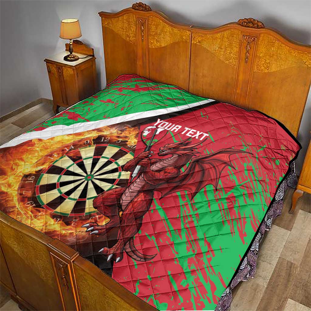 Quilt on bed with red and green Wales darts design, Welsh dragon, dartboard, flames, 'YOUR TEXT'