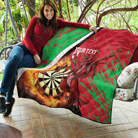 Red and green Wales darts quilt with Welsh dragon, dartboard, flames, white stripe, 'YOUR TEXT' unfolded