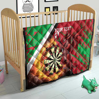 Red and green Wales darts quilt in wooden cot, Welsh dragon, dartboard, flames, white stripe, 'YOUR TEXT'