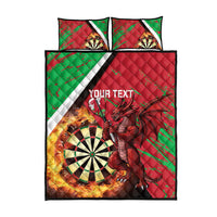 Darts quilt bed set with red center, green sides, two pillow covers, dragon and darts