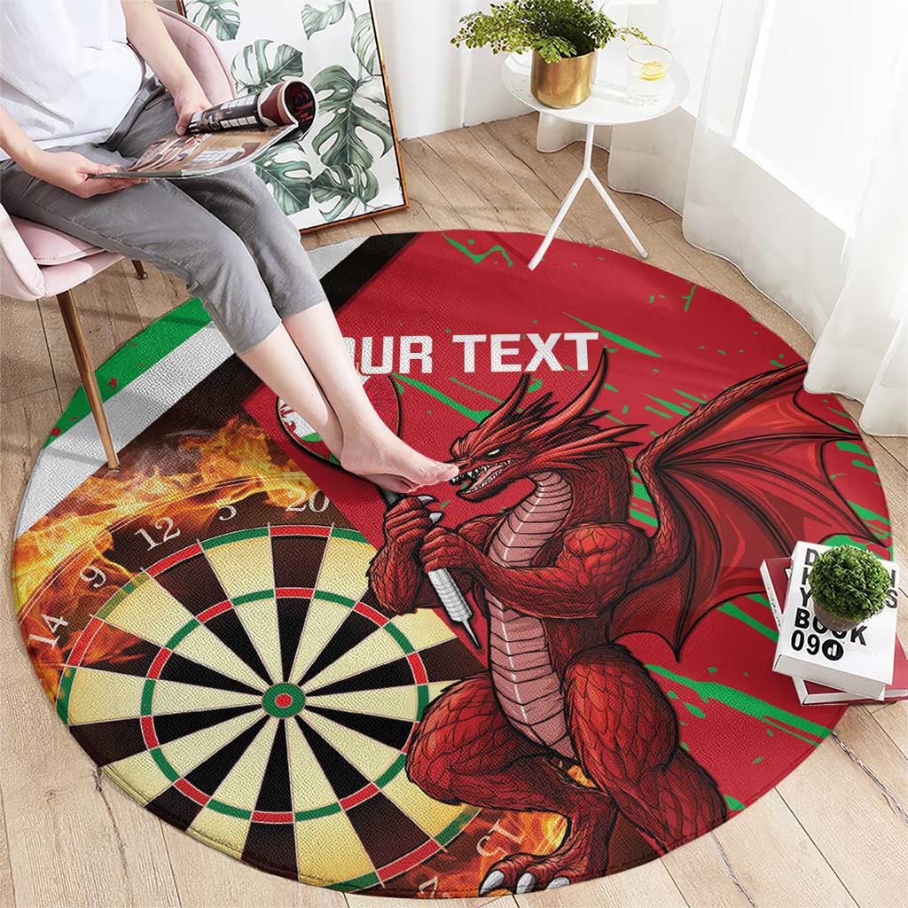 Personalised Wales darts round rug with dragon and dartboard, custom text banner in red