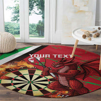 Personalised Wales darts round rug, grunge-style red dragon graphic with dartboard ring