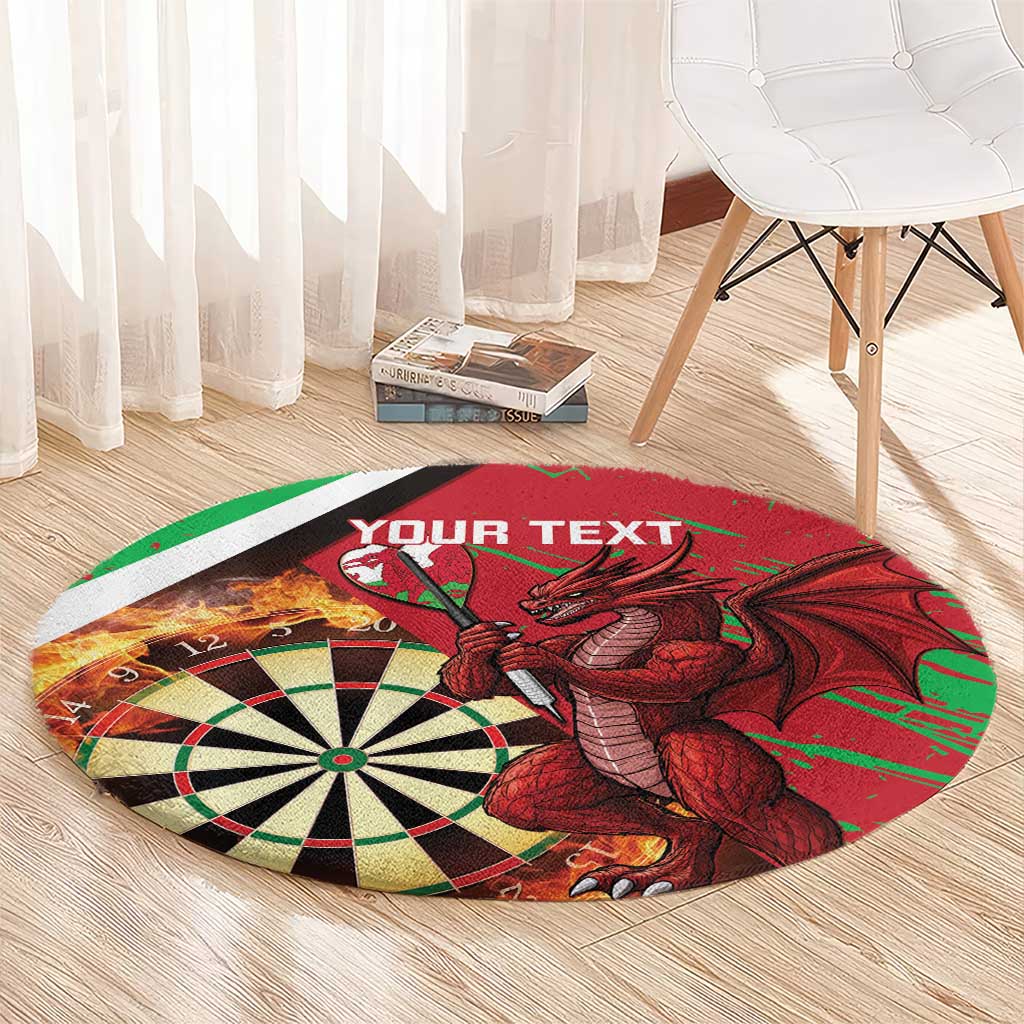 Personalised Wales darts round rug, red dragon artwork and dartboard print with green side stripe