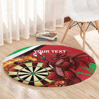 Personalised Wales darts round rug, red dragon artwork and dartboard print with green side stripe