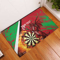 Red and green grunge rubber doormat with dragon over dartboard, flames, and 'YOUR TEXT'