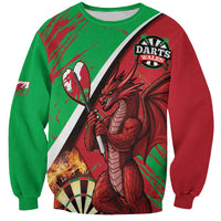 Unisex crewneck sweatshirt, red/green grunge print with dragon and Darts Wales emblem