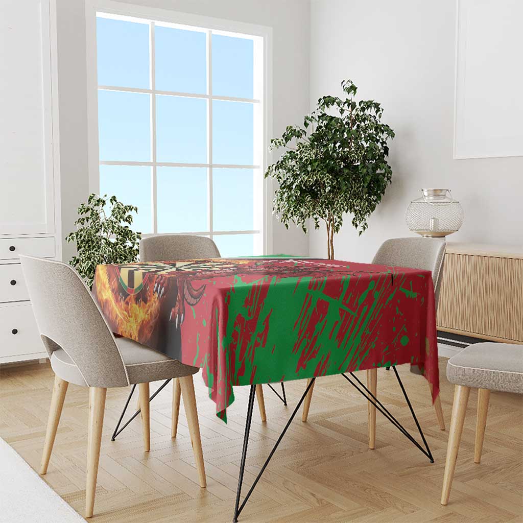 Darts tablecloth with green and red dragon-grunge artwork over the tabletop