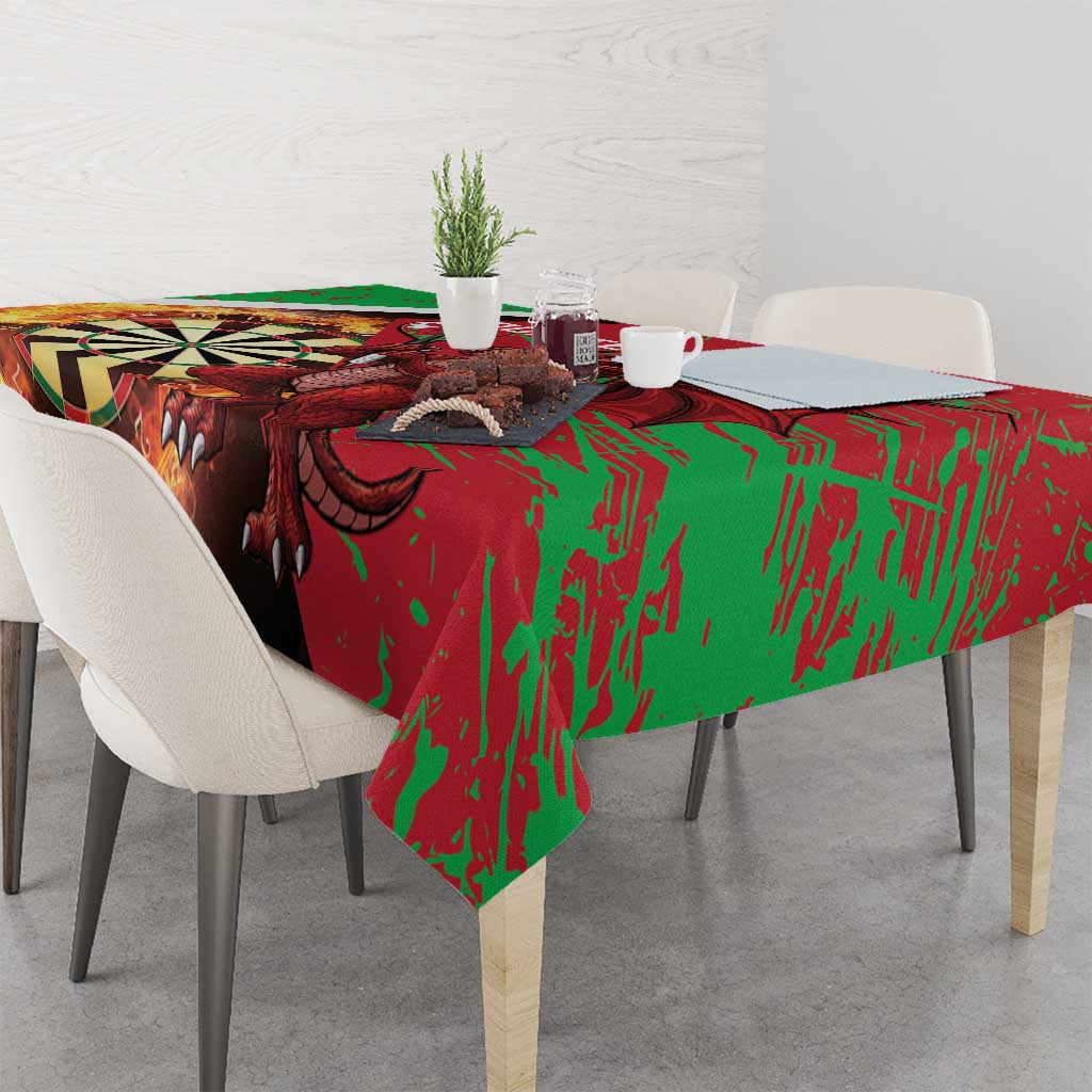 Darts tablecloth draped over table with bold green and red dragon graphic