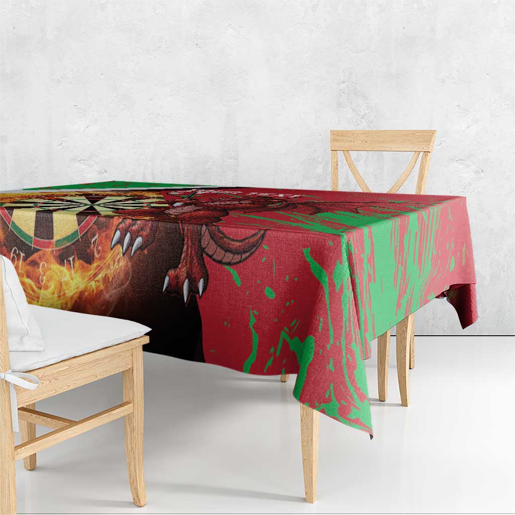 Darts tablecloth hanging over table edge, green-red dragon and dartboard design