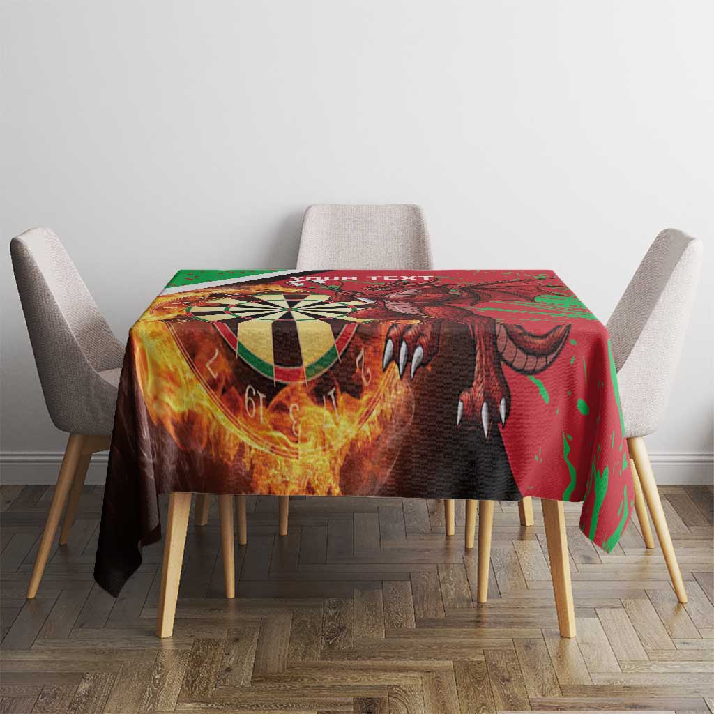 Darts tablecloth on dining table with green-red dragon artwork and dartboard flames