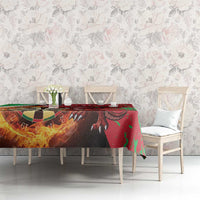 Darts tablecloth on table with green-red dragon and dartboard flame graphic