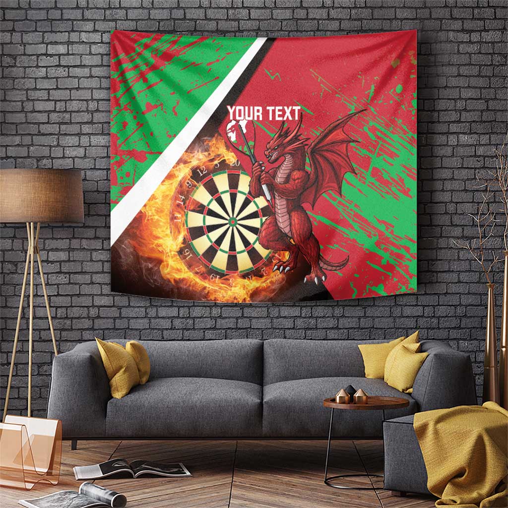 Personalized tapestry with Welsh dragon, dartboard and flames; red green grunge with 'YOUR TEXT'