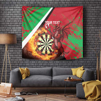 Personalized tapestry with Welsh dragon, dartboard and flames; red green grunge with 'YOUR TEXT'