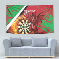 Personalized wall tapestry showing Welsh dragon and dartboard; red green grunge with diagonal white stripe