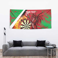 Personalized tapestry with Welsh dragon, flaming darts, and dartboard; red green splash art