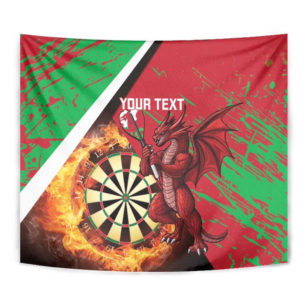 Close-up personalized tapestry: Welsh dragon beside dartboard flames; red/green grunge and 'YOUR TEXT'