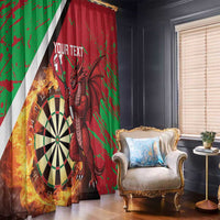 Red and green grunge curtain panels with dartboard flames, Welsh dragon, and text block