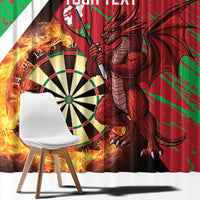 Grunge curtain panel with burning dartboard and red Welsh dragon