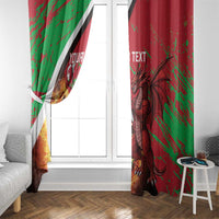 Window curtain pair with dartboard flames and Welsh dragon on red and green panels