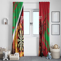 Red and green grunge window curtains with Welsh dragon and dartboard graphics