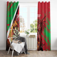 Two grunge window curtains with dartboard flames and Welsh dragon design