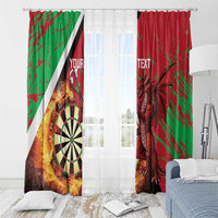 Red and green grunge window curtain panels with dartboard flames and Welsh dragon