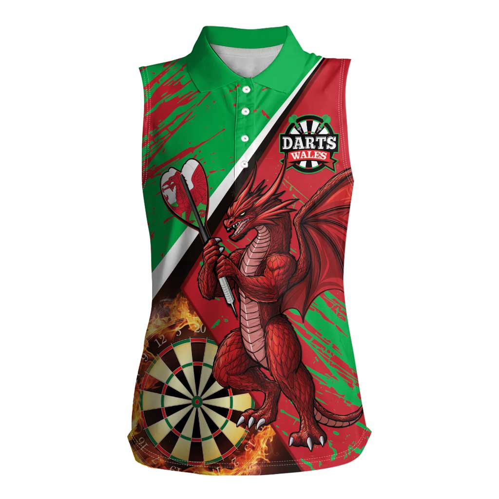 Personalised Wales Darts Women Sleeveless Polo Shirt Welsh Dragon - Grunge Style