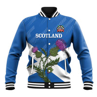 Blue and white darts baseball jacket with Scotland text, thistle graphic, snap buttons