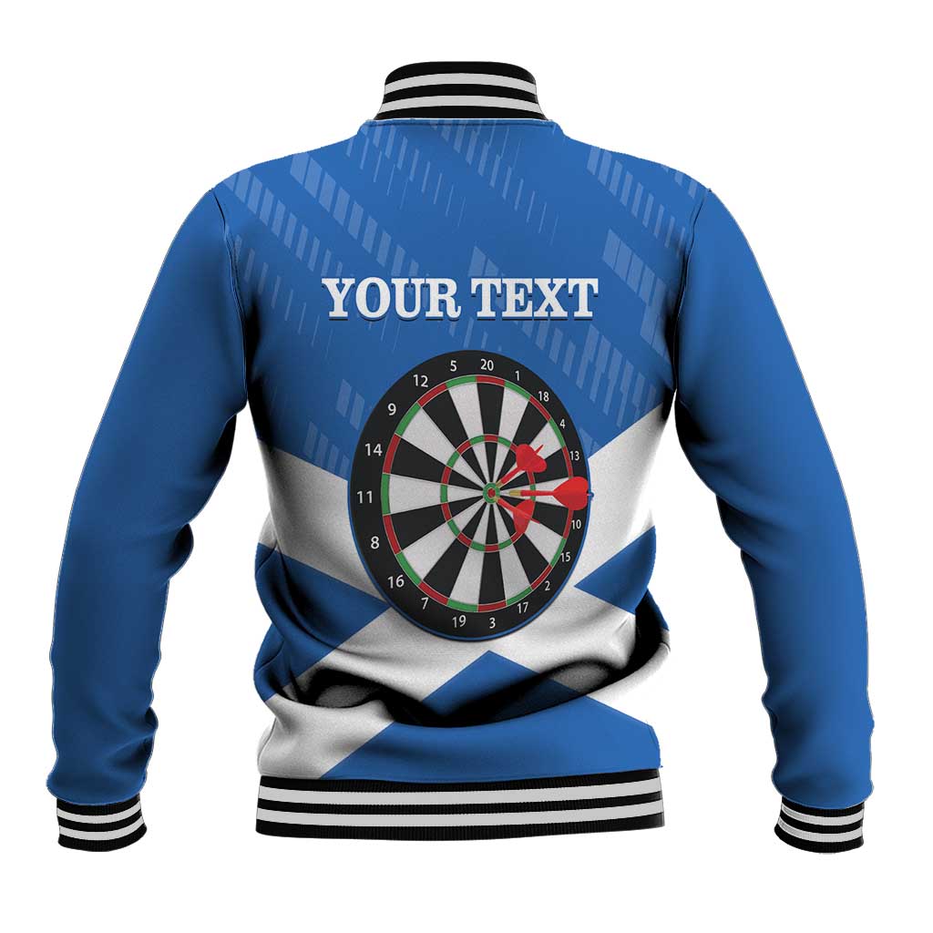Blue and white darts baseball jacket with back dartboard and YOURTEXT lettering