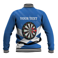 Blue and white darts baseball jacket with back dartboard and YOURTEXT lettering