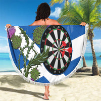 Round blue and white darts beach blanket with dartboard and thistle motif, fringed edge