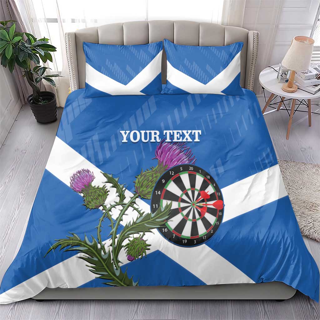 Blue and white Scottish flag bedding set: duvet cover and two pillows with dartboard