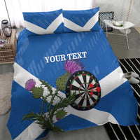 Blue and white Scottish thistle bedding set with dartboard graphic and custom text