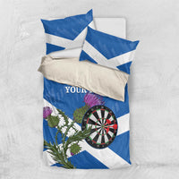 Folded blue and white Scottish thistle duvet cover with dartboard and custom text