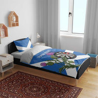 Blue and white Scottish flag duvet cover set with dartboard and thistle, two pillows