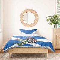 Blue and white Scottish thistle bedding set with dartboard graphic and custom text