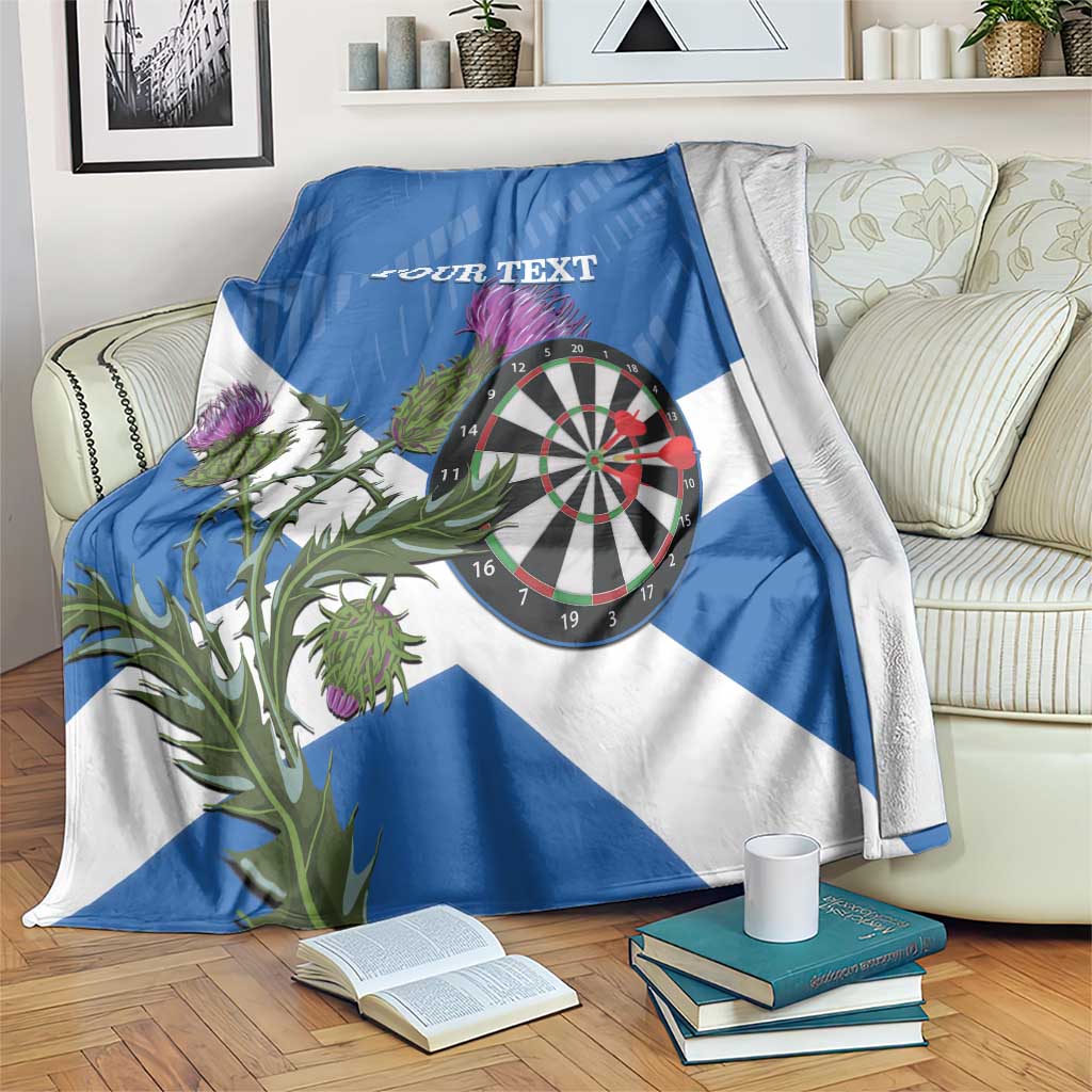 Personalized blue and white Scottish thistle flag darts blanket with dartboard and Your Text.