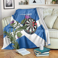 Personalized blue and white Scottish thistle flag darts blanket with dartboard and Your Text.