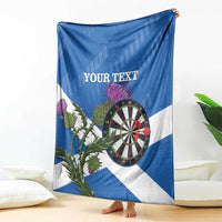 Blue and white Scottish flag style darts blanket with purple thistle and dartboard, Your Text.