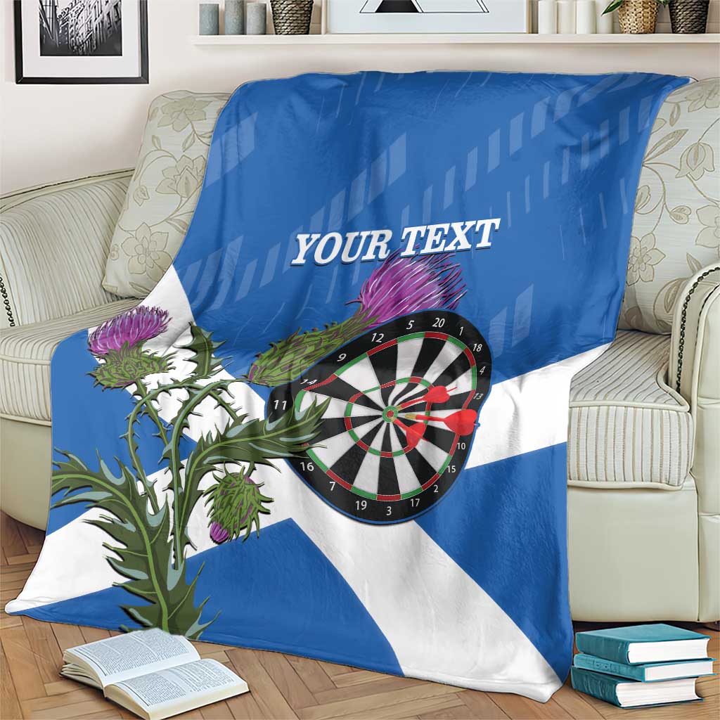 Blue and white Scottish thistle darts blanket with dartboard graphic and Your Text across center.