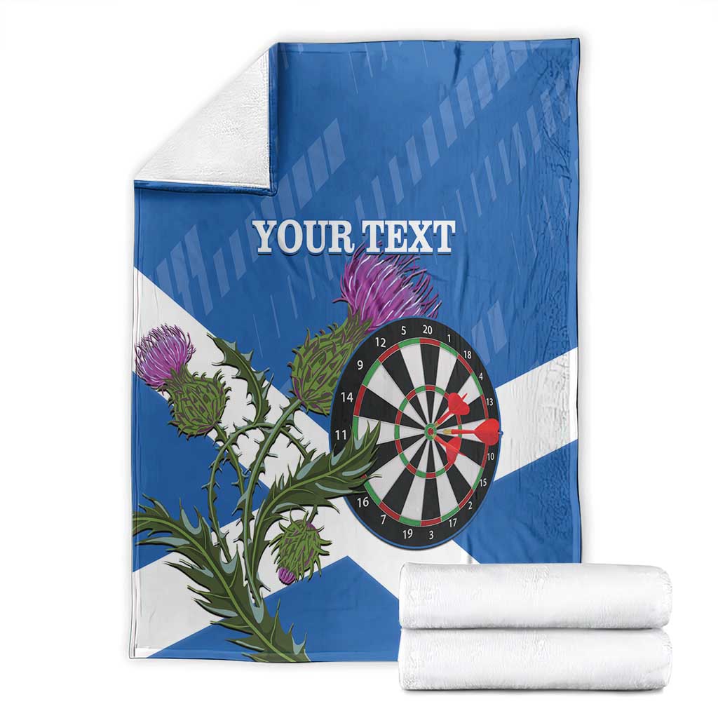 Folded blue and white Scottish flag style darts blanket with dartboard and thistle, Your Text.
